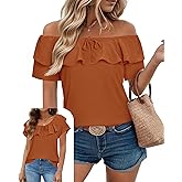 Uhiger Off The Shoulder Tops for Women Boat Neck Blouses Casual Ruffle Short Sleeve Shirts Chiffon Summer Vacation Outfits