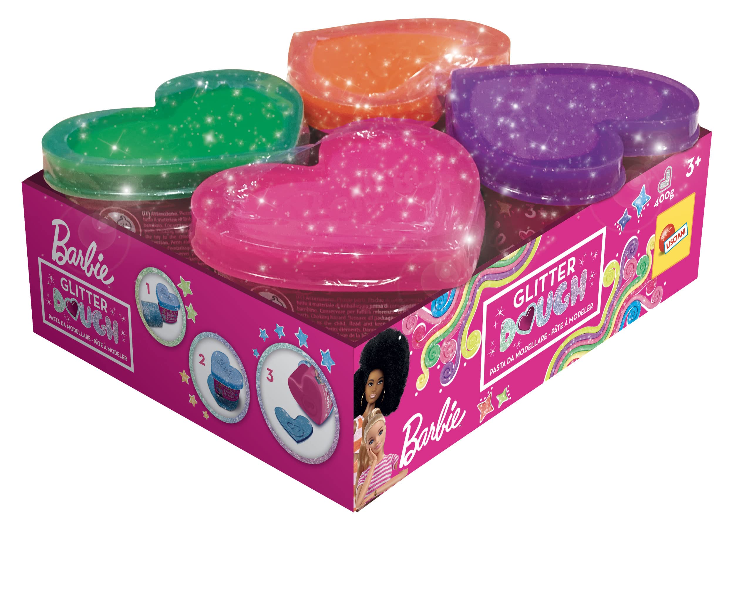 Liscianigiochi 88843 Barbie Dough Kit Car, Glitterdough, Tins with Stencils, Hand Eye Coordination