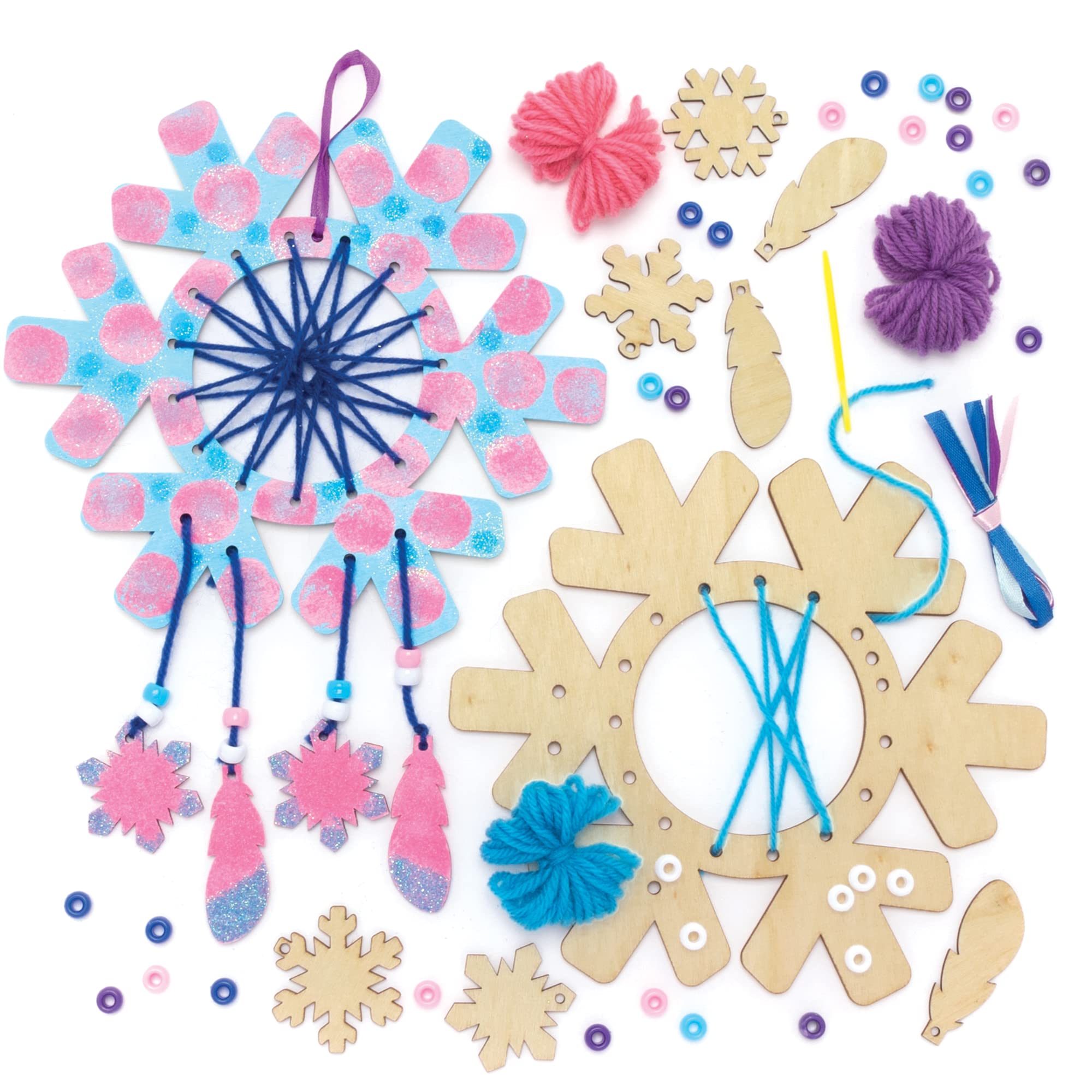 Baker Ross FE894 Snowflake Wooden Dream Catcher Craft Kits - Pack of 4, Make Your Own Wood Dream Catcher Kit, Christmas Art and Craft for Kids to Make and Decorate