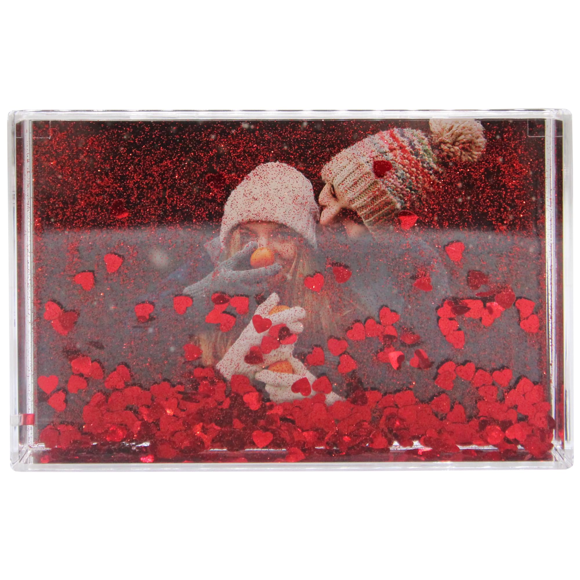 Glitter Photo Frame, Acrylic Picture Frame holds 10 x 15 cm (4 x 6 inch) Clear Frameless Desktop Photo Block with Glitter Hearts (Red) - Ideal Personalised Gifts, Father's Day Presents