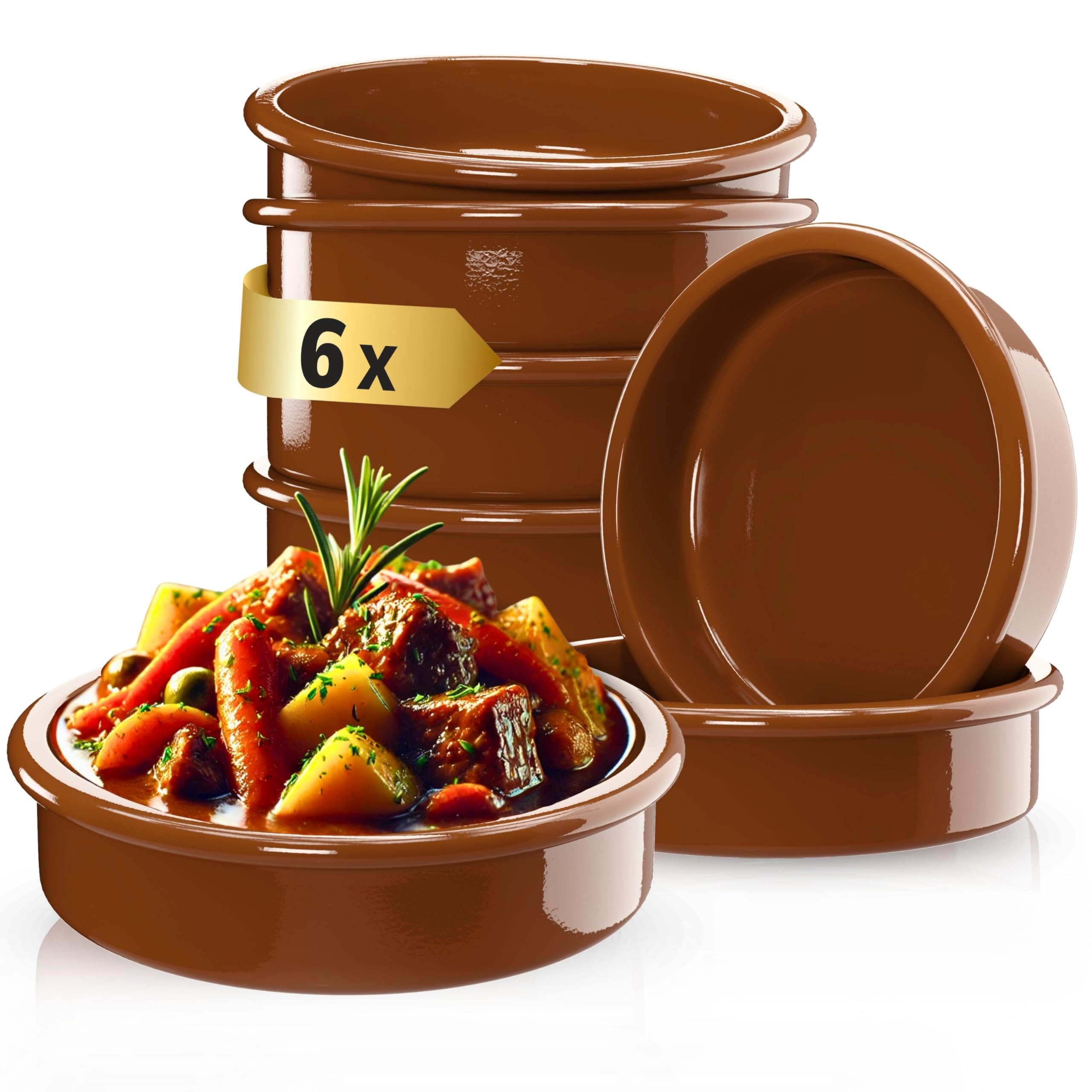 Set of 6 Tapas Bowls, Cazuela Casserole Dishes (Diameter 11.5 cm) Made of Clay, Brown Glazed, Rustic Serving Bowls (175 ml)
