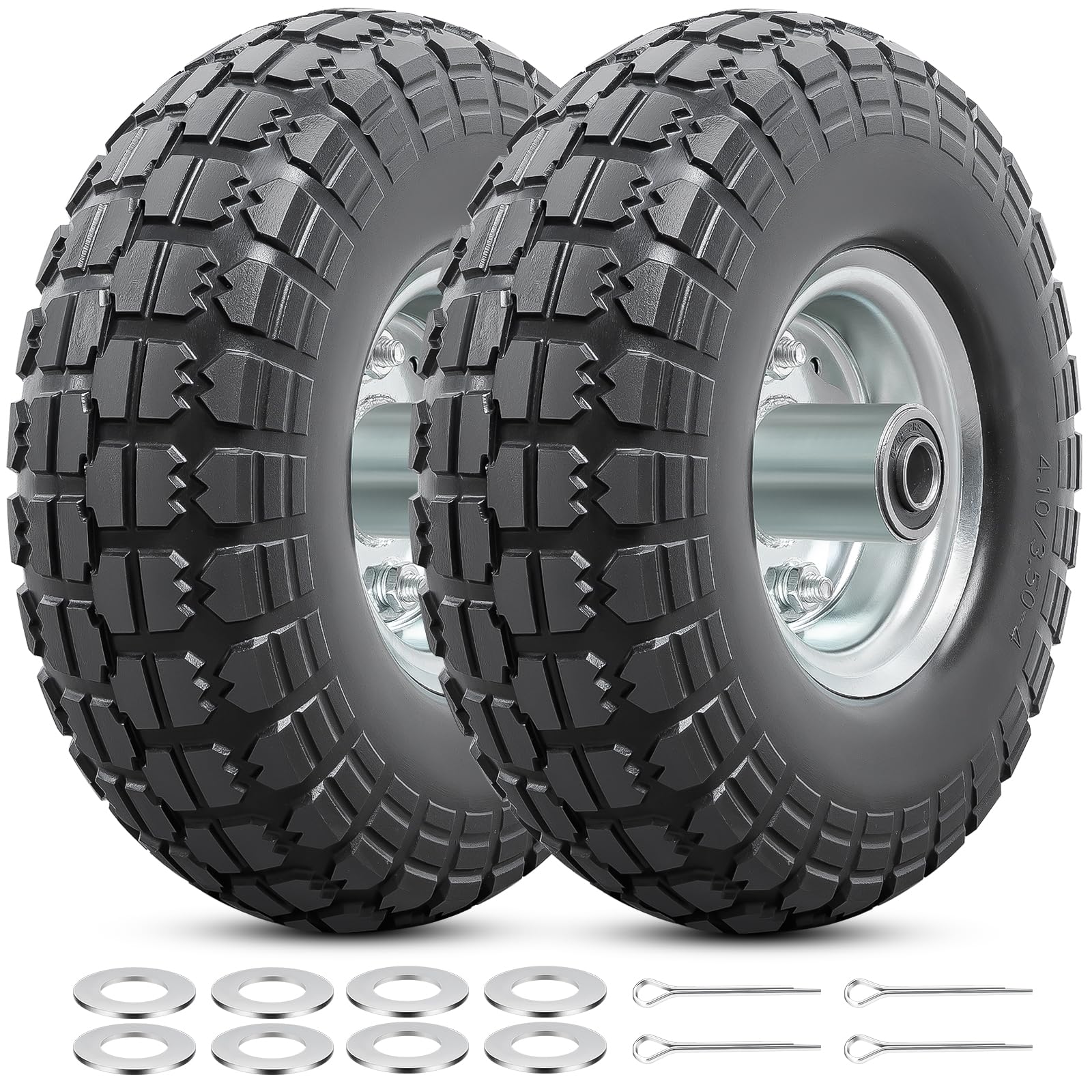 Photo 1 of 4.10/3.50-4 Tires and Wheels, Replacement Pneumatic Tire10-Inch Wheel with 5/8" Bearings Compatible with Hand Truck, Wheelbarrow, Wagon, Gorilla Carts Tires(Silver, 2PCS) P-096