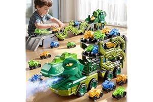 PEADUCK Toddler Car Truck Toys for Kids Ages 3-5, 10-in-1 Dinosaur Carrier Truck with Foldable Track Toys with Spray, Light & Sounds and 9 Dino Cars, Birthday Gift for 3 4 5 6 7 8 Years Old Boys Girls