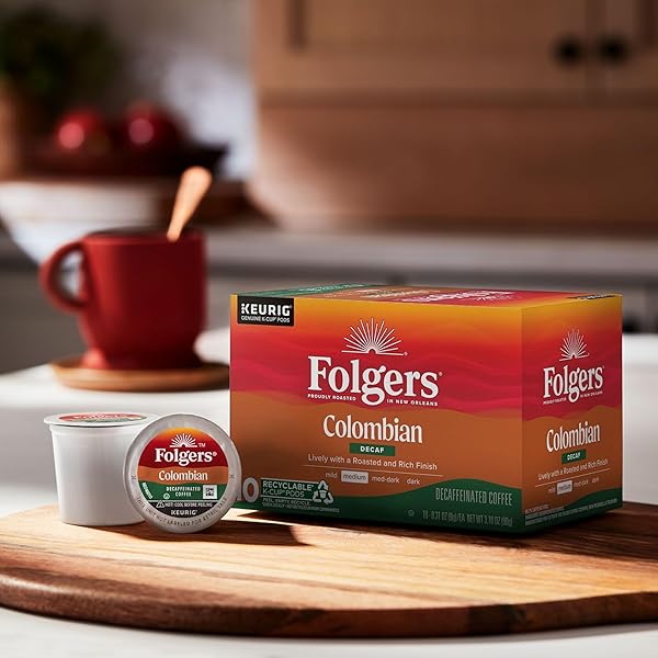 FOLGERS COLOMBIAN DECAF COFFEE, MEDIUM ROAST, KEURIG K-CUP PODS, 10 COUNT BOX