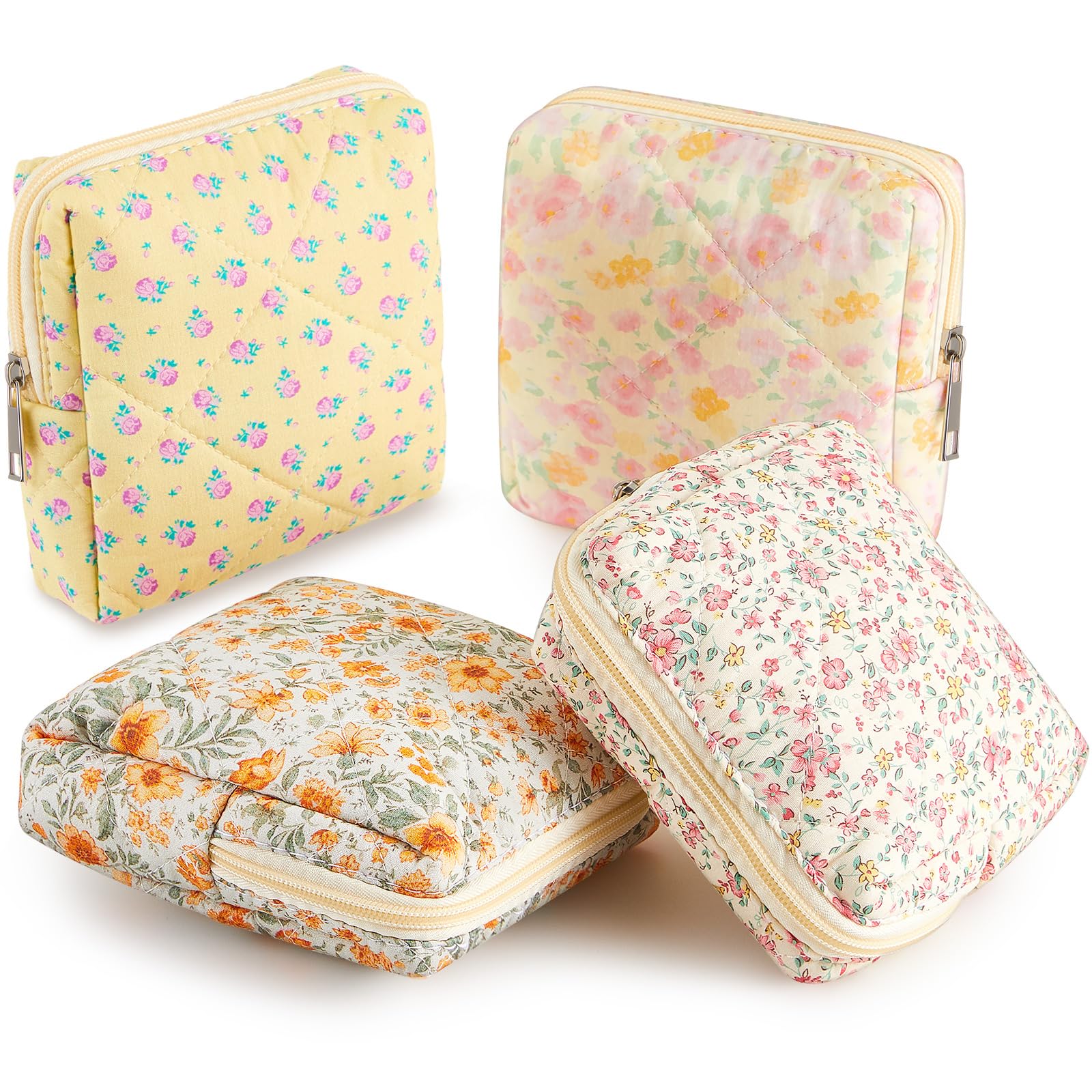 Photo 1 of **Only 3** Paterr 4 Pcs Mini Quilted Floral Makeup Bag Small Coquette Cosmetic Bag Aesthetic Floral Makeup Pouch with Zipper Cute Travel Toiletry Essentials for Women(Pink, Orange Flower)