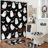 Mocsicka 4Pcs Halloween Shower Curtain Set Black Spooky Bow Ghost Shower Curtain Set for Halloween Bathroom Decor with Anti-Slip Waterproof Bathtub Bathroom Rugs Toilet Lid Cover