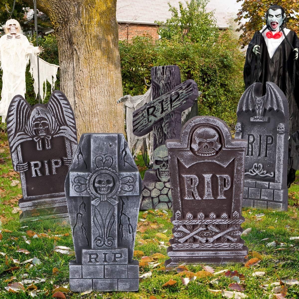 AYOGU1 17” Halloween Foam RIP Graveyard Tombstones (Pack of 5)-Lightweight RIP Tombstone with 8 Metal Stakes for Halloween Decorations : Garden & Outdoor