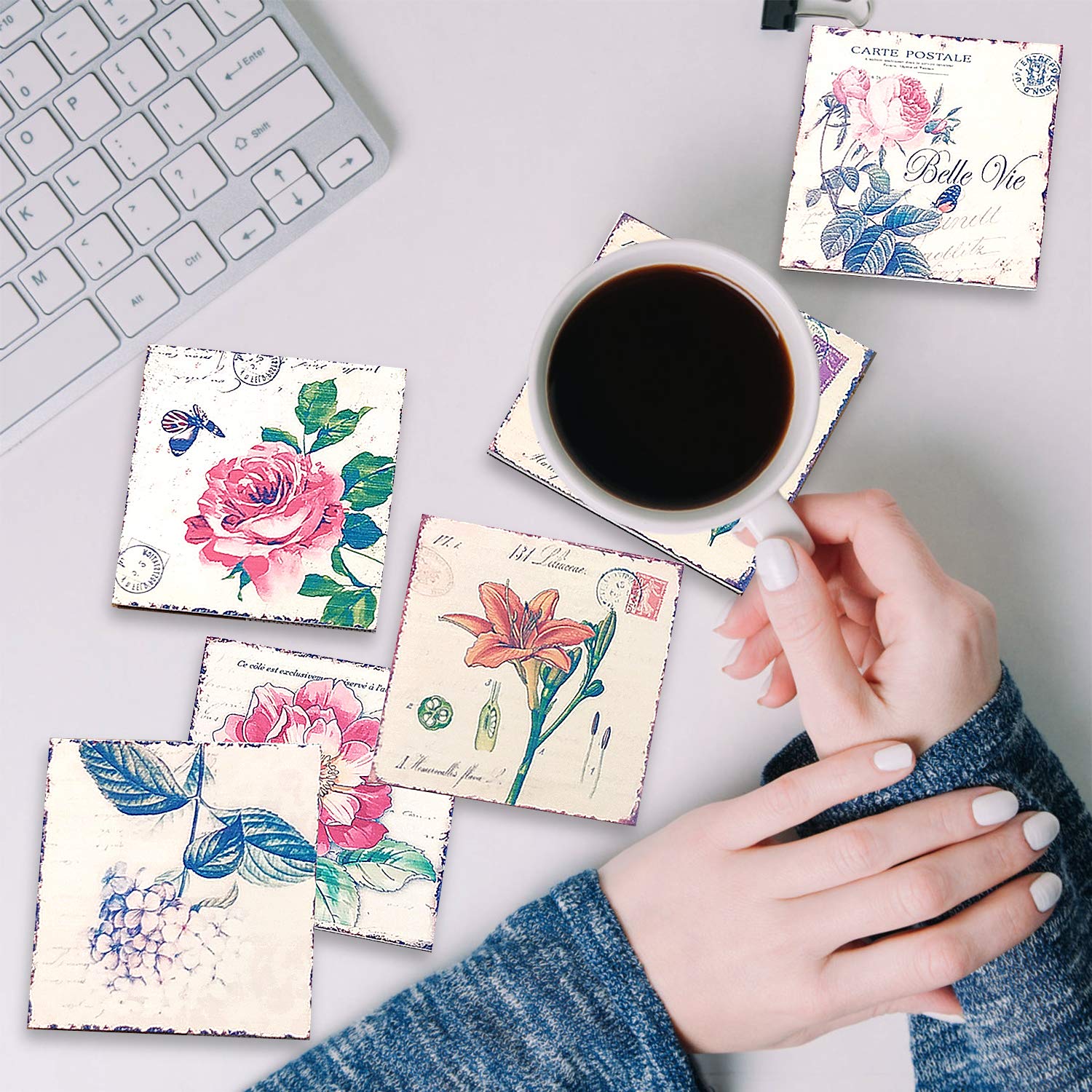 LoveHome Decor Coaster for Drinks,6 PCS,Retro Floral Wooden Coasters Set with Holder, Heat-Resistant Reusable Saucers for Cold Drinks Wine Glasses Plants Cups & Mugs