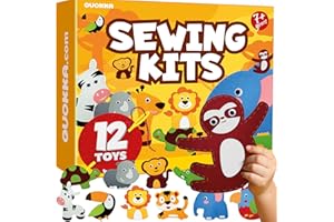 QUOKKA Kids Crafts Ages 4-8, DIY Beginner Needle and Thread Kit - 12 Wild Animals Sewing Kit Basic - Fun Arts Crafts for Kids Ages 6-8 Girls Boys - Plastic Needles, Scissors - 6+ Year Old Girl Gifts
