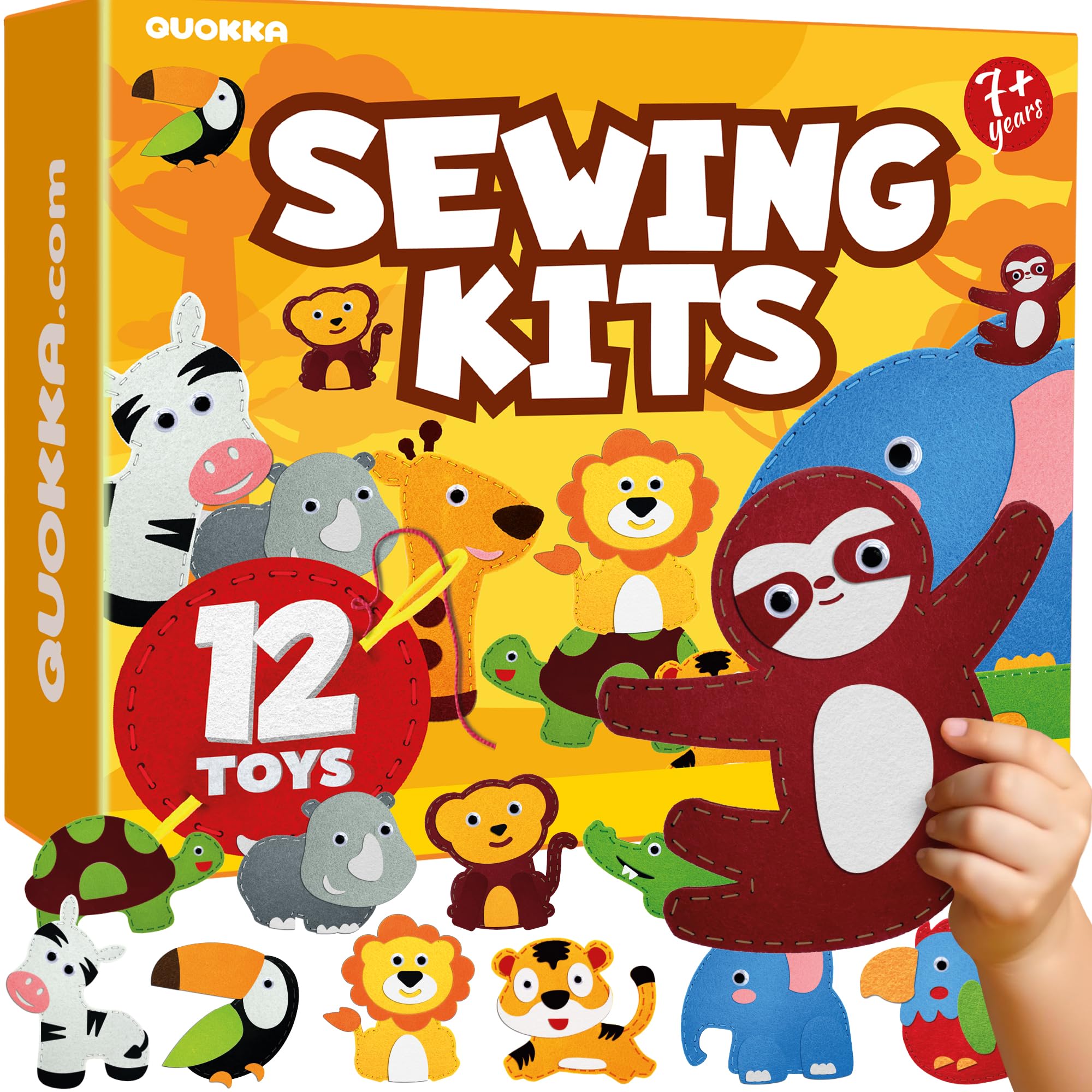 Quokka Kids Crafts Ages 4-8 - DIY Beginner Needle and Thread Kit - 12 Wild Animals Sewing Kit Basic - Fun Arts Crafts for Kids Ages 6-8 Girls Boys - Plastic Needles, Scissors - 6+ Year Old Girl Gifts