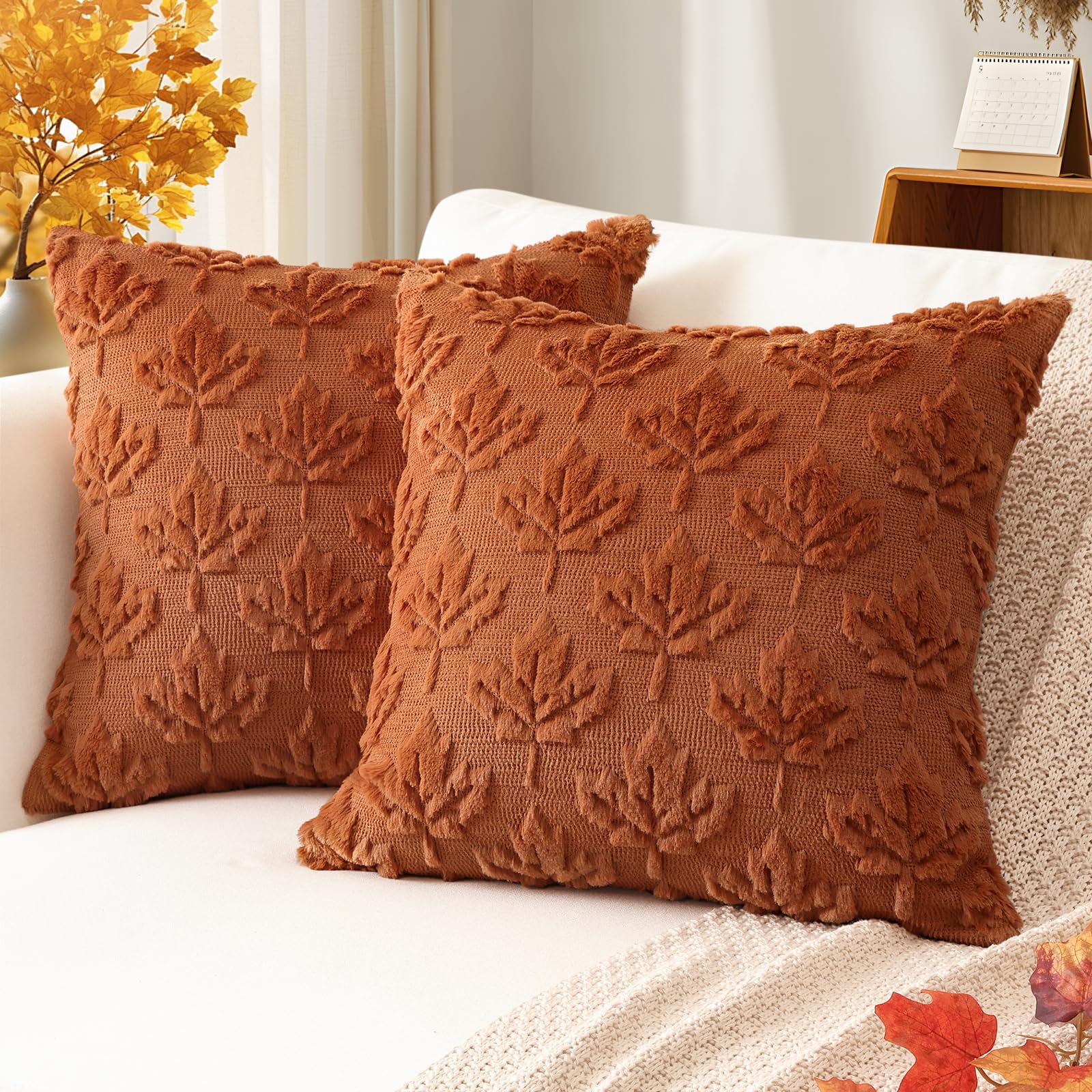 Photo 1 of Artscope Maple Leaf Fall Pillow Covers 18 x 18 Set of 2 Decorative Autumn Harvest Holiday Throw Pillow Cases Soft Plush Faux Fur Couch Cushion Case for Farmhouse Sofa Bed Room Home Decor-Rust
