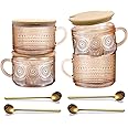 JVJRFQ Amber Vintage Glass Coffee Mugs gifts for women, 14 Oz Set of 4 Embossed Glassware Tea Cups for Breakfast, Cappuccino, Latte, Yogurt, Christmas Mothers Day Gifts Coffee Bar Accessories