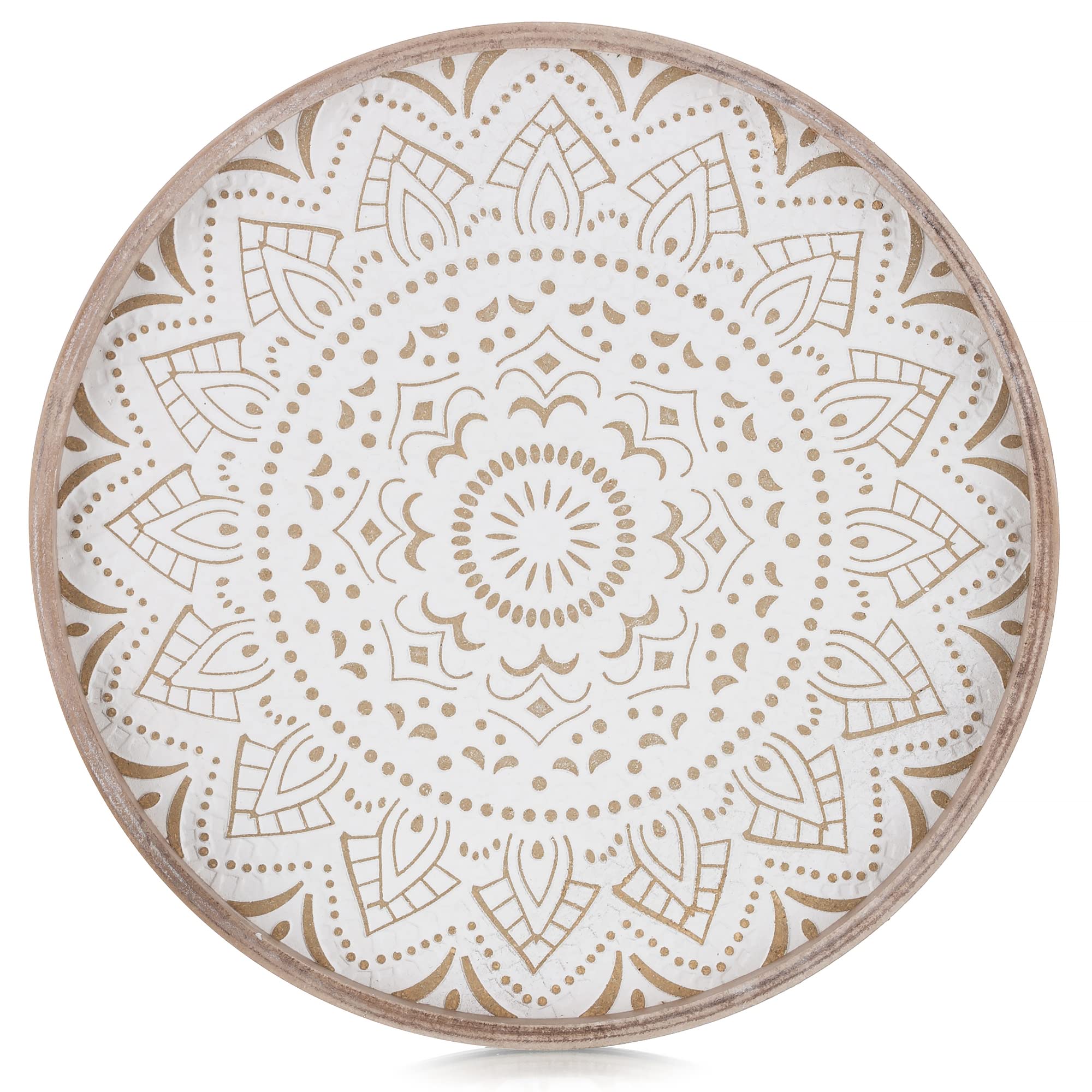 Hanobe Round Decorative Coffee Tray: Rustic Table Tray Decor Farmhouse Centerpiece Wood Circle Tray Floral Serving Trays for Kitchen Counter Boho Ottoman Tray for Home, Brown, Pattern2-30cm