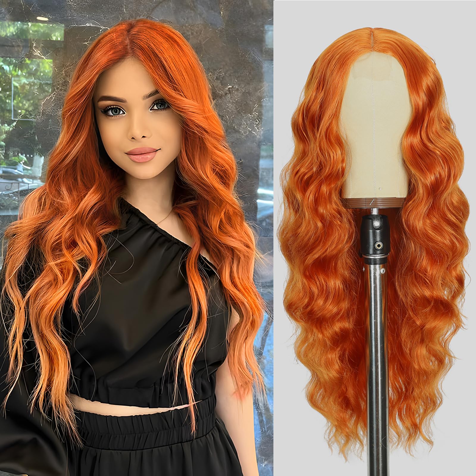 Photo 1 of 26 Inch Long Orange Wig for Women | Middle Part Culy Wavy Wig | Heat Resistant & Natural Looking | Lightweight Synthetic Hair for Daily Use, Halloween, Cosplay