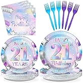 Grencian 96Pcs 21st Birthday Decorations Iridescent 21st Birthday Party Plates Disposable 350GSM Cheers to 21 Years Paper Tableware Set for Girls Women 21 Years Old Party Supplies Serves 24