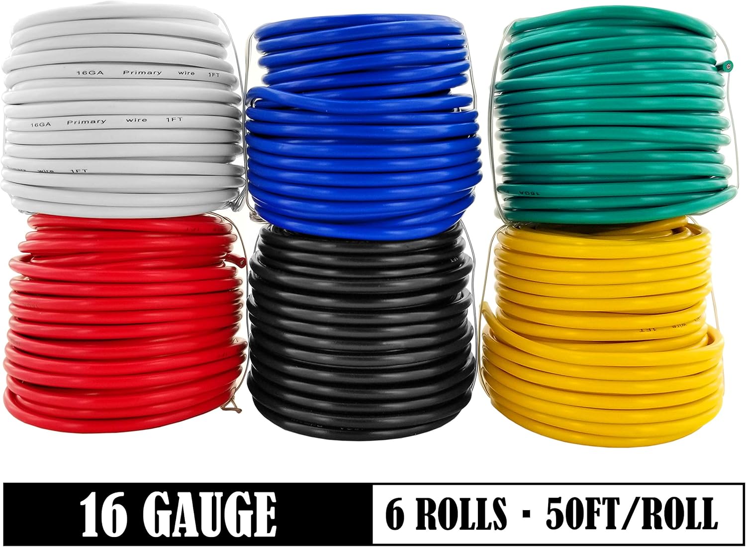 16 Gauge 6 Color Combo 50 Feet Roll (300 ft total) Copper Clad Aluminum Low Voltage Automotive Primary Harness Wire for Car Stereo Amplifier Remote Trailer Hookup Wiring (Also in 14 & 18 Guage): Automotive