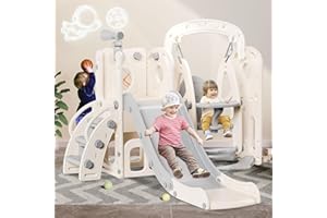 Babytronic Toddler Slide and Swing Set, Indoor Outdoor 6 in 1 Kids Slide for Toddlers Age 1-3, Toddler Playset Toddler Playground with Climber, Basketball Hoop and Telescope (White&Gray)