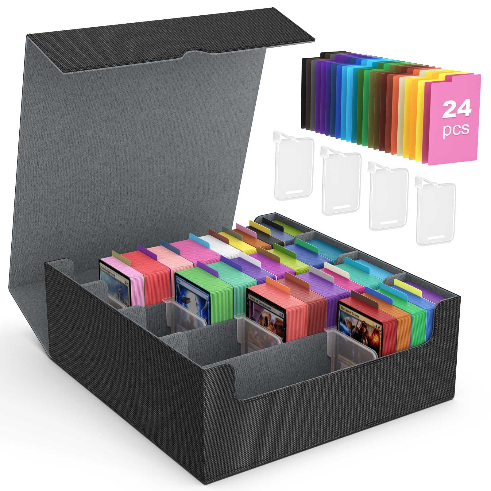 MoKo Trading Card Storage Box, 3000+ MTG Deck Box with 24 Colorful Dividers & 4 Card Supporters, Commander Card Deck Case Fits for Magic Game Cards, YugiOh, TCG, PTG and Sport Cards, Black Gray โ image 1