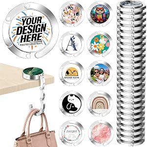 Custom Purse Hook for Table with Personalized Photo/Logo/Text, Pack 3-100 Foldable Handbag Hanger Table Bag Holder for Travel