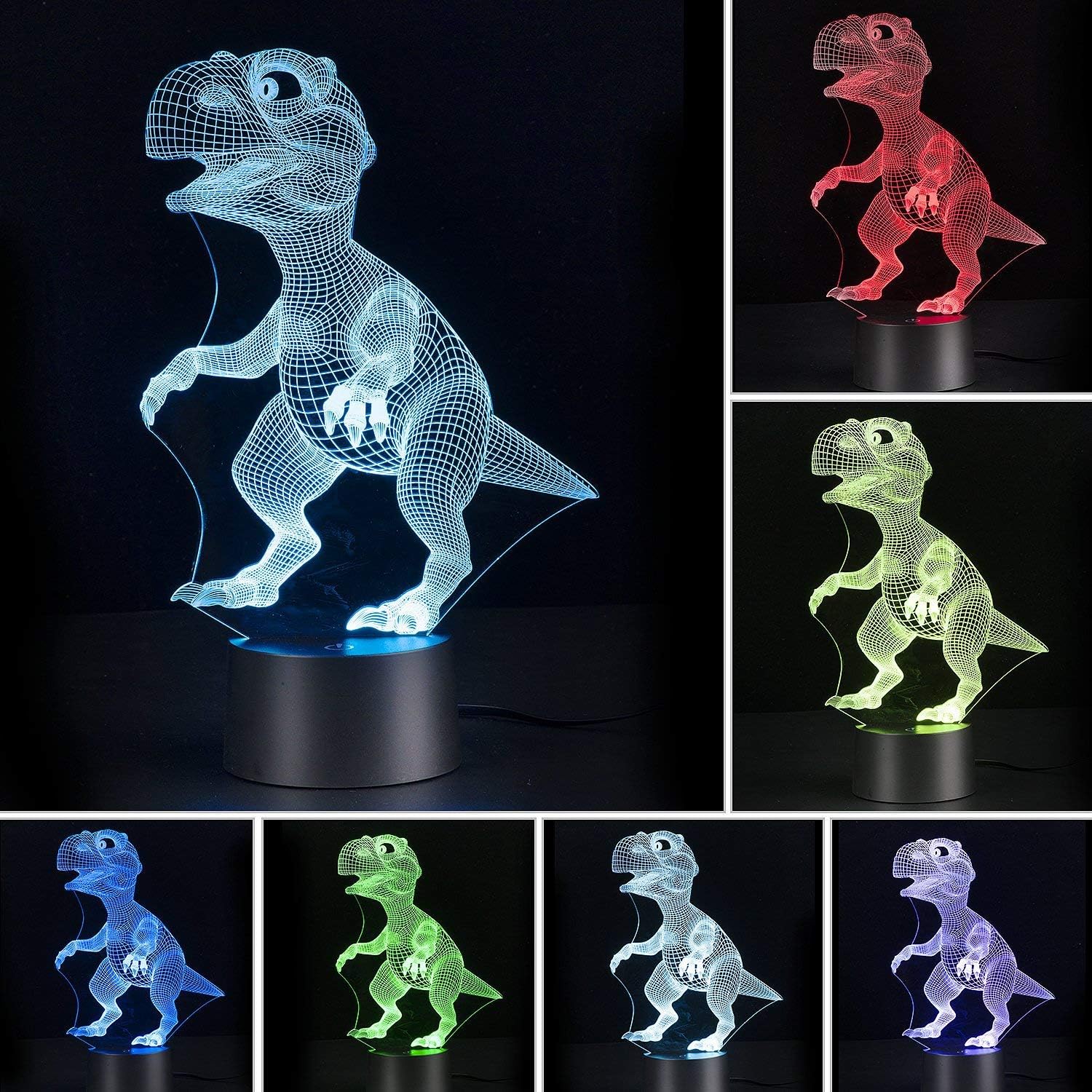 Pejoye 3D Illusion Light Night Dinosaur Lamp 7 Colors Touch Control 3 AA Batteries or USB Powered Nice Dinosaur Picture Acrylic Panel ABS Base for Table Night Decoration