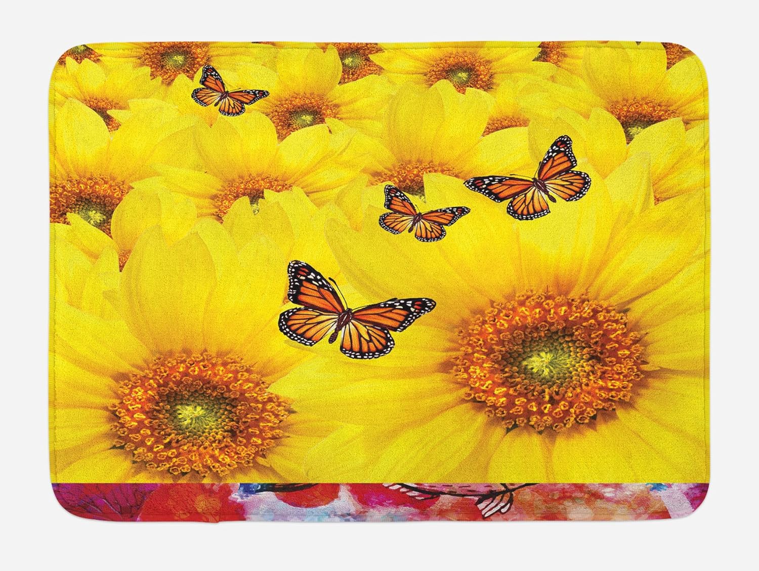 Lunarable Sunflower Bath Mat, Sunflower Flowers Butterfly Warm Colors Round Close up