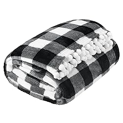 PAVILIA Black White Buffalo Plaid Throw Blanket Pom