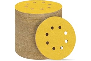 POTUINOM 100PCS 5 Inch 8 Hole Sanding Discs 120 Grit,Gold Round Hook and Loop Sandpaper for Random Orbital Sander