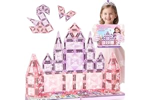 burgkidz Princess Magnetic Tiles for Girls Ages 3-8 – 42PCS Sparkling Pink & Purple Glitter Tiles with Storage Tin, Dual Size