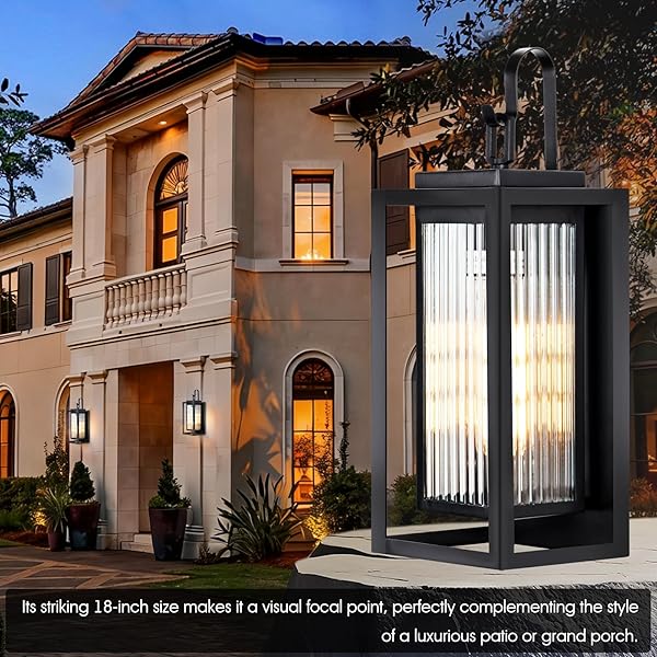 HAMESO OUTDOOR WALL LIGHTS FOR HOUSE EXTERIOR, 18 INCH LARGE BLACK MODERN LANTERN WITH DUAL METAL FRAME & TEXTURED GLASS, IP65 WATERPROOF (BULBS INCLUDED)