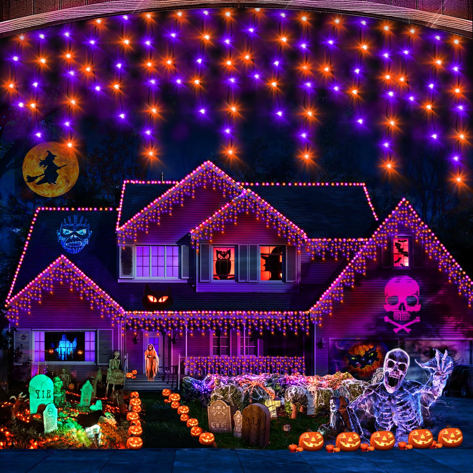 Photo 1 of Hezbjiti 400LED Icicle Lights - 32.8FT Purple & Orange Fairy Lights for Eaves, Party, Yard & Garden - 8 Modes, 75 Drops, Outdoor Halloween Decor
