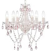 Mr.Color White Chandeliers Pink Crystal Chandelier Lighting Fixture 6 Light Candle Chandelier for Bedroom