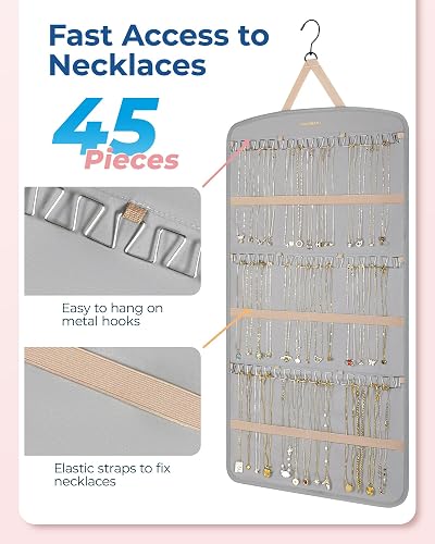 Hanging Jewelry Organizer With Zippered Pockets - Necklace & Earring Holder For Closet, Wall, Or Door, Grey - View #7