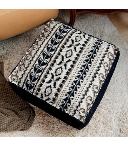 CRAFT KALA Indian Square Patchwork Traditional Pouf Cover Indian Living Room Poufs Decorative Embroidered Designer Ottoman Home Footstool Chair Cover Decor Pillow Cover 18x18x5 Inches Light Green