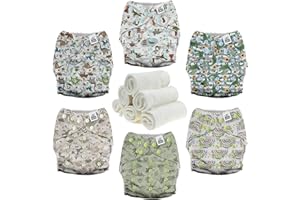 Mama Koala 3.0 Pocket Cloth Diapers for Babies with AWJ Lining, 6 Pack with 6 4-Layer Natural Cloth Diaper Inserts - Reusable and Washable Pocket Diapers(Cute Dinosaurs)