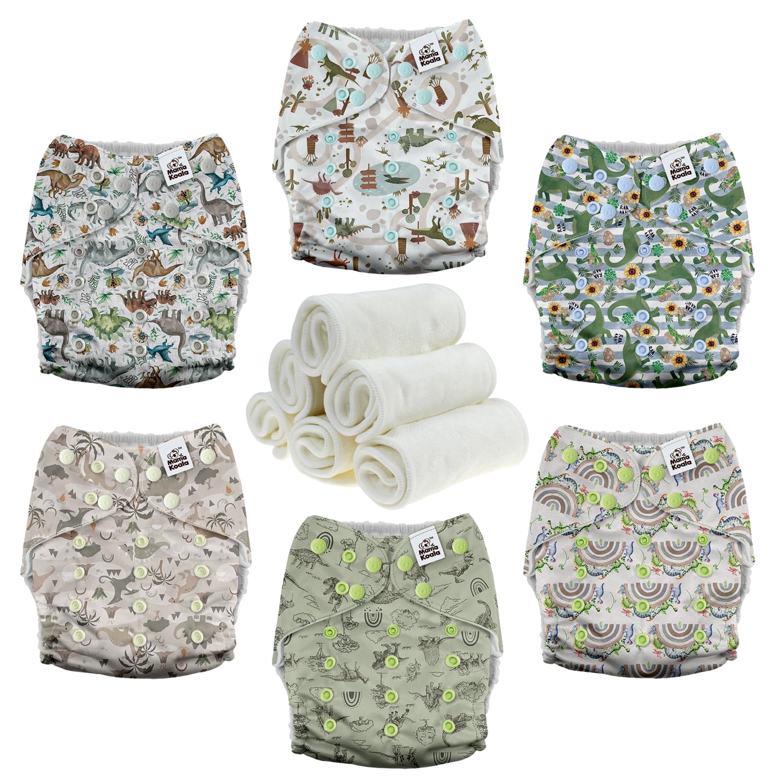Photo 1 of Mama Koala 3.0 Pocket Cloth Diapers for Babies with AWJ Lining, 6 Pack with 6 4-Layer Natural Cloth Diaper Inserts - Reusable and Washable Pocket Diapers(Cute Dinosaurs)