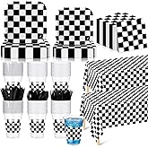 Potchen 352 Pcs Race Car Party Supplies Tableware Set Include 9 Inch 7 Inch Black and White Checkered Flag Paper Plates Napkins Plastic Cups Tablecloth Cutlery for Race Car Birthday Party Decoration