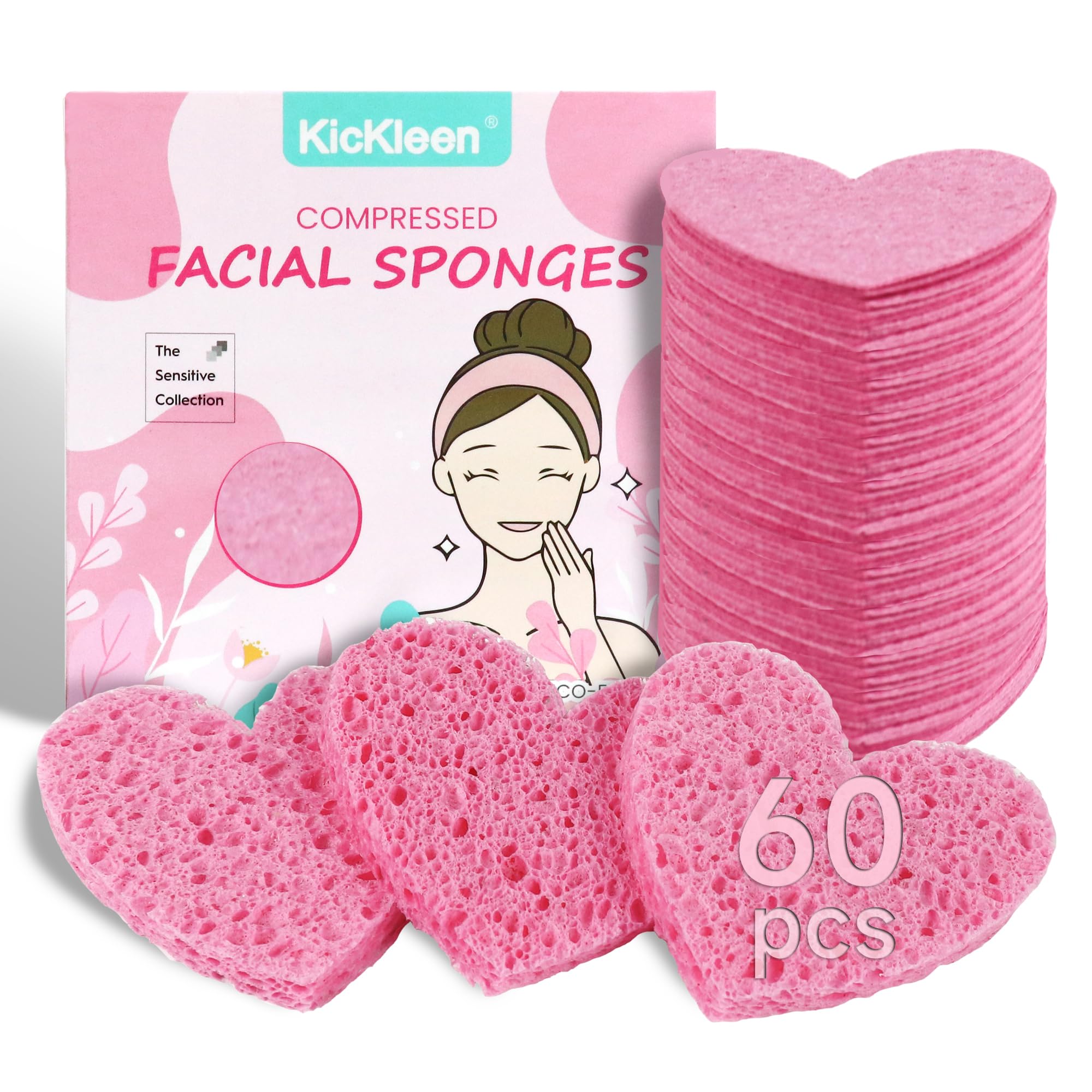 Kickleen 60-Count Compressed Cellulose Heart Shape Facial Sponges | 100% Natural Spa Sponges for Makeup and Mask Removal | Exfoliating | Reusable | Skin Massage (Pink)