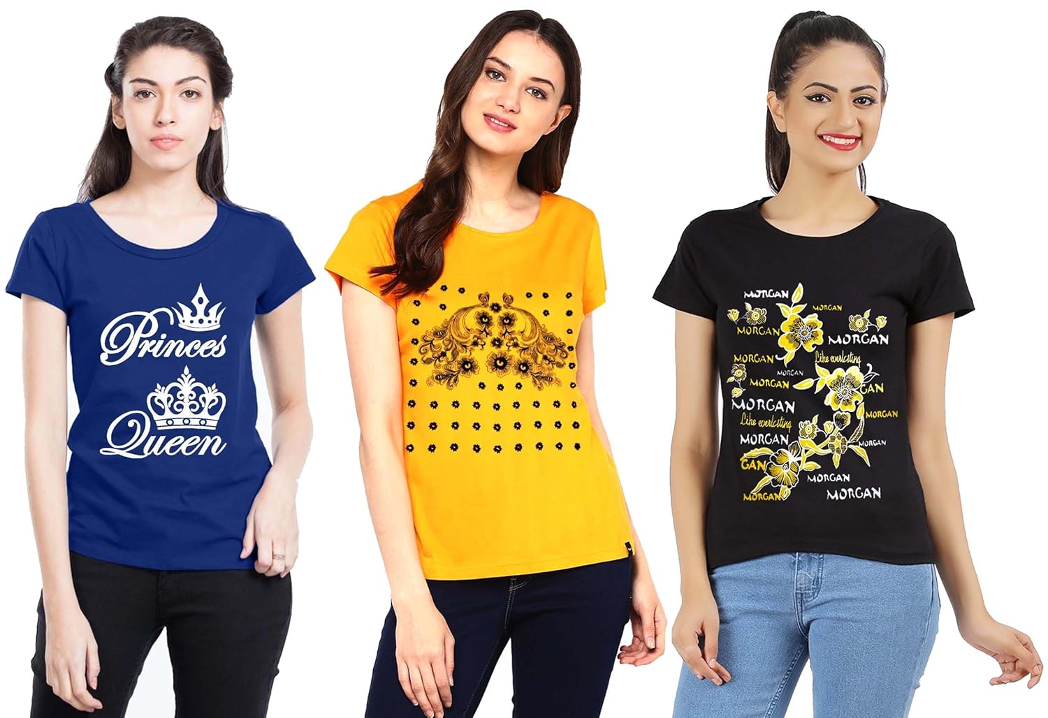 modish lady's printed 100% cotton t-shirts combo of 3 t-shirts