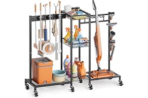 Broom Holder with Cleaning Supplies Organizer, Broom Closet Storage Cabinet with Cleaning Caddy Vacuum Stand, Cleaning Cart w