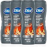Dial Men 3 in 1 Body, Hair and Face Wash, Ultimate Clean, 16 Fl Oz, Pack of 4, Amber Woods Scent, Cleanses Deep + Gentle on Skin with Clean Rinse Technology