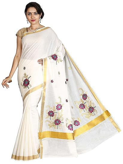 Women's Kerala Kasavu flower Embroidered Saree (TJT01318, Cream)
