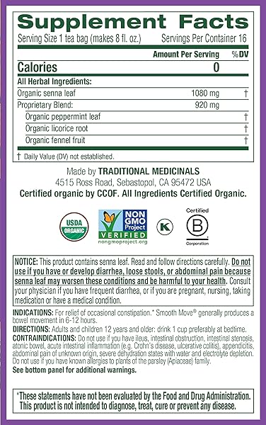 TRADITIONAL MEDICINALS ORGANIC SMOOTH MOVE SENNA PEPPERMINT HERBAL TEA, RELIEVES OCCASIONAL CONSTIPATION, (PACK OF 3) 48 TEA BAGS TOTAL