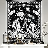 Tichgeim Skeleton Lovers Black and White Tapestry Wall Hanging, Gothic Witchy Lovers Skull Vertical Tapestries, Sun and Moon Flowers Card Wall Decor for Bedroom Living Room 40in × 60in