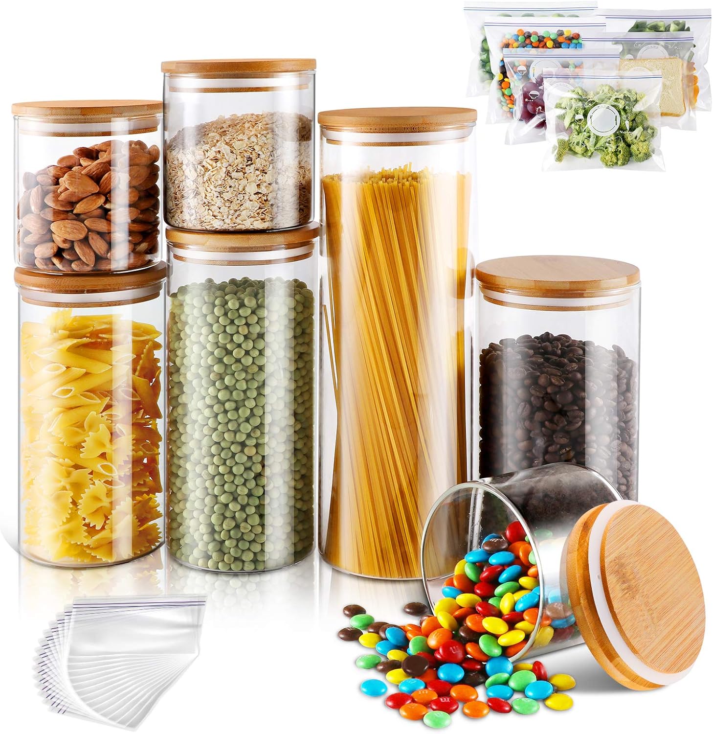 Glass Jars with Bamboo Lids 7pcs High Borosilicate Glass Airtight Storage Containers Kitchen