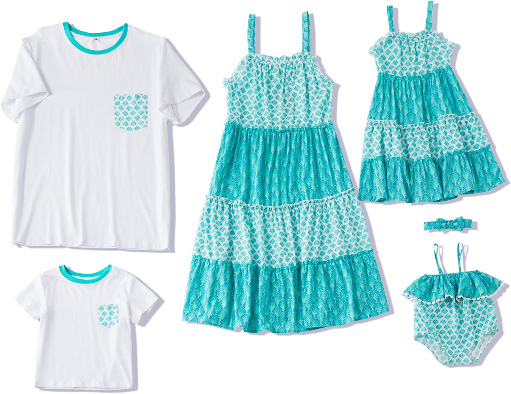 Yaffi Family Matching Outfit Clothes Summer Mommy and Me Spaghetti Dress Knee Dress Dad Boy T Shirt Blue