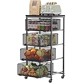 4-Tier Fruit Vegetable Storage Cart - Kitchen Organizer and Storage Cart with Wheels, Wooden Top Metal Wire Fruit Vegetable Rack Stand with Drawers to Storage Cans Snacks for Kitchen(Patent Pending)