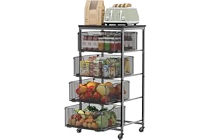 YOCIYOGA 4-Tier Fruit Vegetable Storage Cart - Kitchen Organizer and Storage Cart with Wheels, Wooden Top Metal Wire Fruit Vegetable Rack Stand with Drawers to Storage Cans Snacks for Kitchen(Patent Pending)