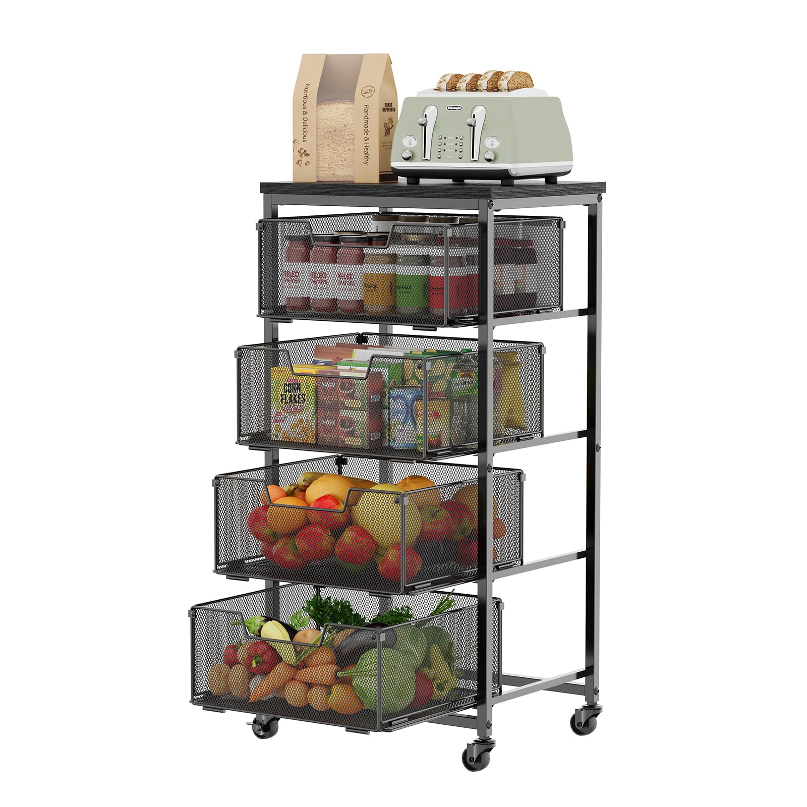 Photo 1 of 4-Tier Fruit Vegetable Storage Cart - Kitchen Organizer and Storage Cart with Wheels, Wooden Top Metal Wire Fruit Vegetable Rack Stand with Drawers to Storage Cans Snacks for Kitchen(Patent Pending)