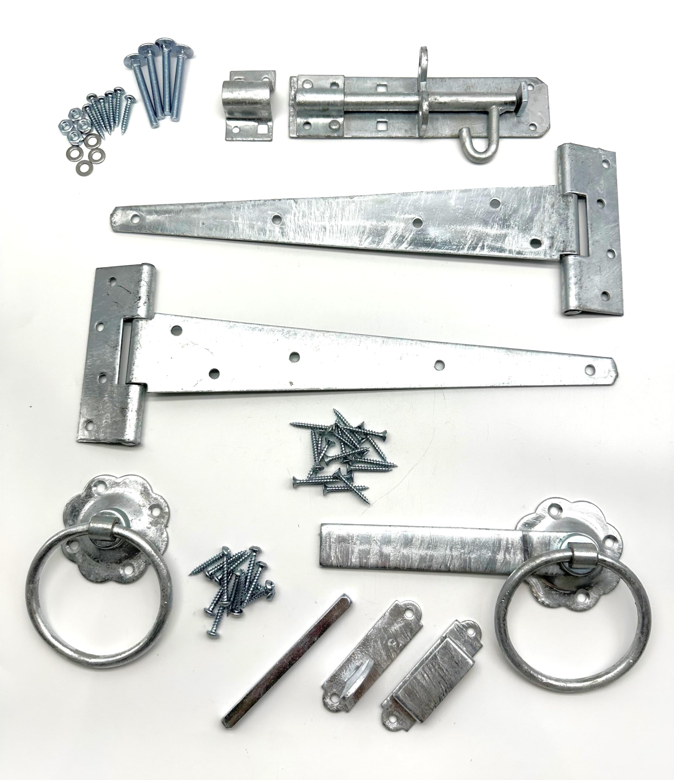 Hot Dipped Galvanised Heavy Duty Garden Gate Hinge Pack. 2X 12 Tee Hinges, Ring Latch, Padbolt & All Fixings. Hanging Kit for Garden Gates and Doors. Corrosion and Weather Resistant Hinge Set.