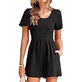 Simplee Womens Summer Short Sleeve Romper Casual Loose Decorative Button Smocked Dressy Shorts Jumper Jumpsuit 2025